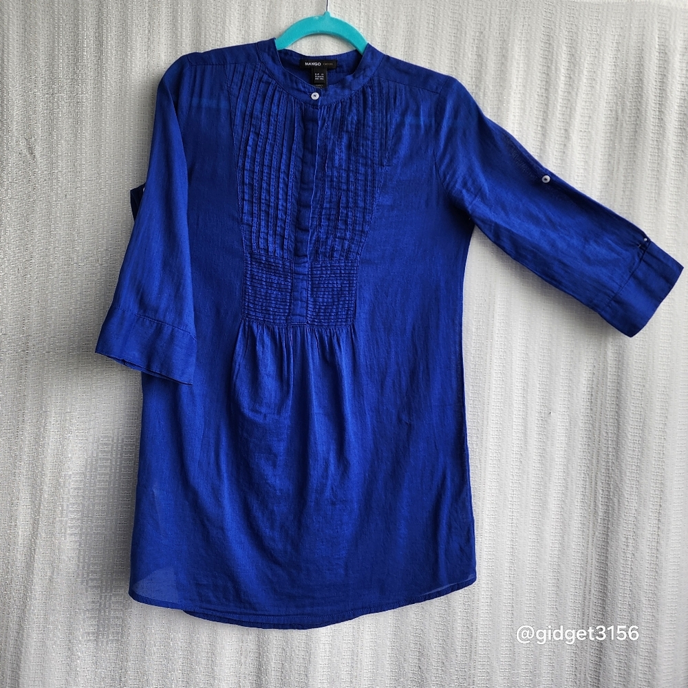 EUC  MANGO COBALT BLUE 100% COTTON BOHO TUNIC WITH 2 SLEEVE LENGTHS - SIZE  XXS
